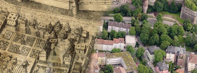 Es ist eine Collage der ältesten bekannten detailscharfen Nürnberger Stadtansicht von Hieronymus Braun von 1608 und einem neuen Luftbild. 