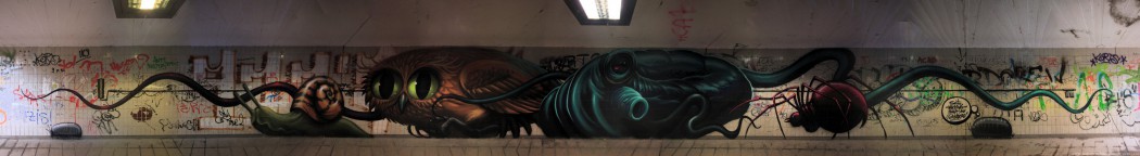 The Burrowing Owl traveling through Spider Tunnel with her friend the Octopus, the Garden Snail and the Rolly Polly Twins. Nuremberg, Nov. 2013. - Jeff Soto & Maxx242 - Panorama
